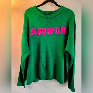 Green Sweater with Pink 'Amour' Design